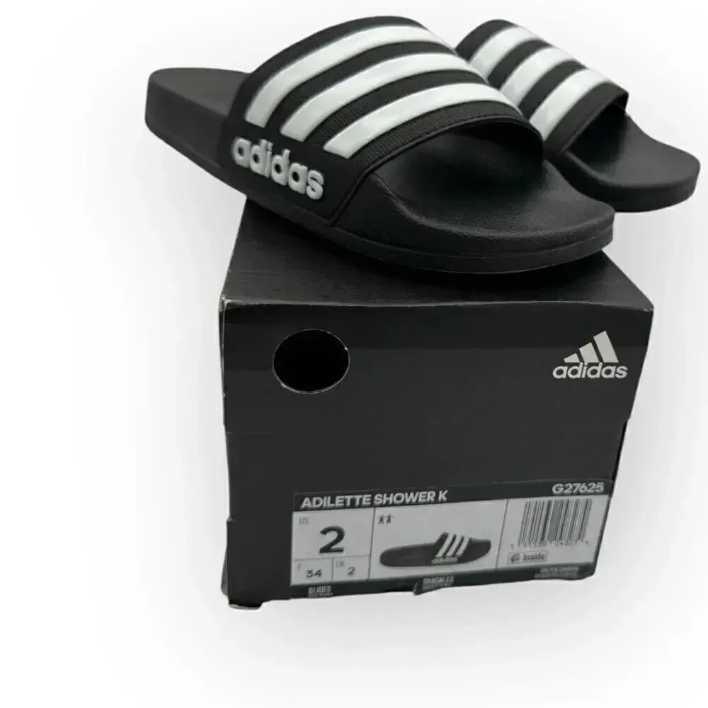 NWT Adidas Kids Adilette Shower K Comfort Slide Black White Size 2